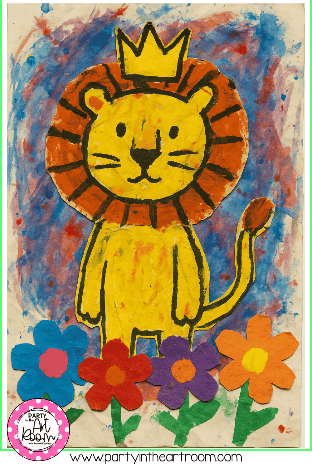 Lion portrait set against a blue and red scribble-style background with multicolored flowers at the bottom, highlighting energetic mark-making and expressive color choices.