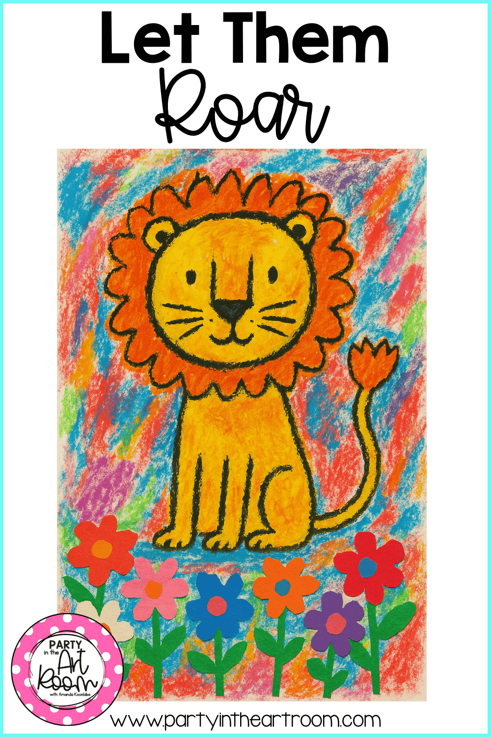 Student-created lion portrait on a multicolor background with layered paint and collage elements, featuring flowers in different colors along the bottom of the page, demonstrating expressive choice-based art and emotional interpretation.