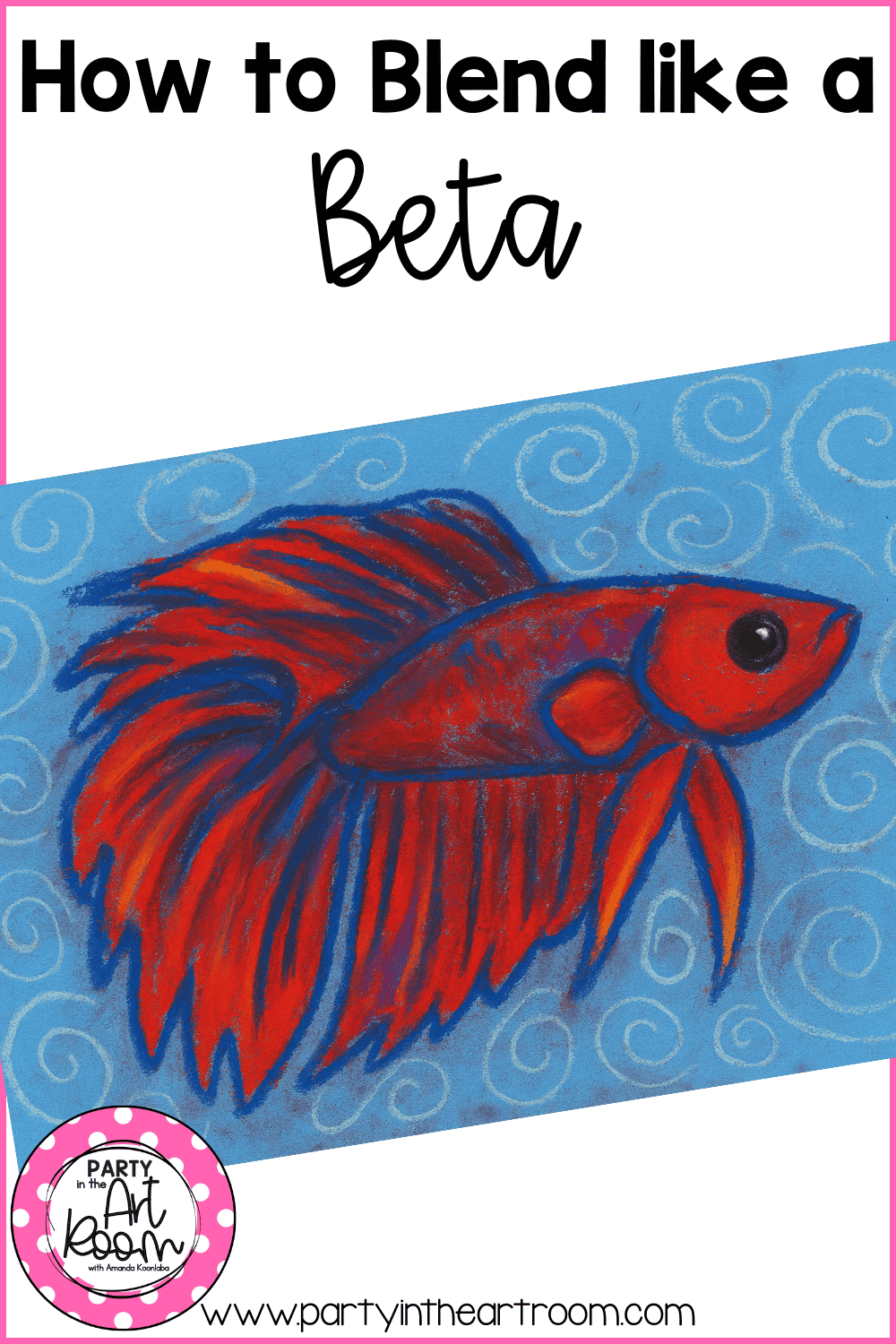Orange betta fish with purple accents and a dark blue outline on a blue background with white swirls, showing how bold outlines and blended color enhance contrast and focal points in oil pastel art.