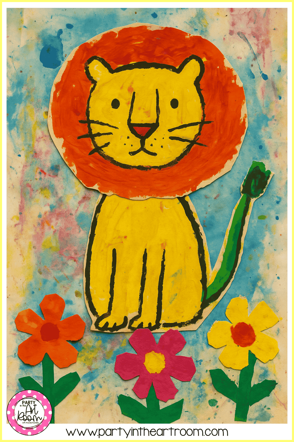 Lion artwork on a painted blue, red, and yellow background with three flowers in orange, red, and yellow along the bottom, illustrating intentional contrast and simplified composition.