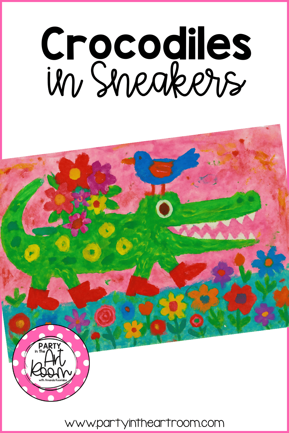 Crocodile wearing red boots with patterns, walking through flowers, showing layered materials and imaginative design