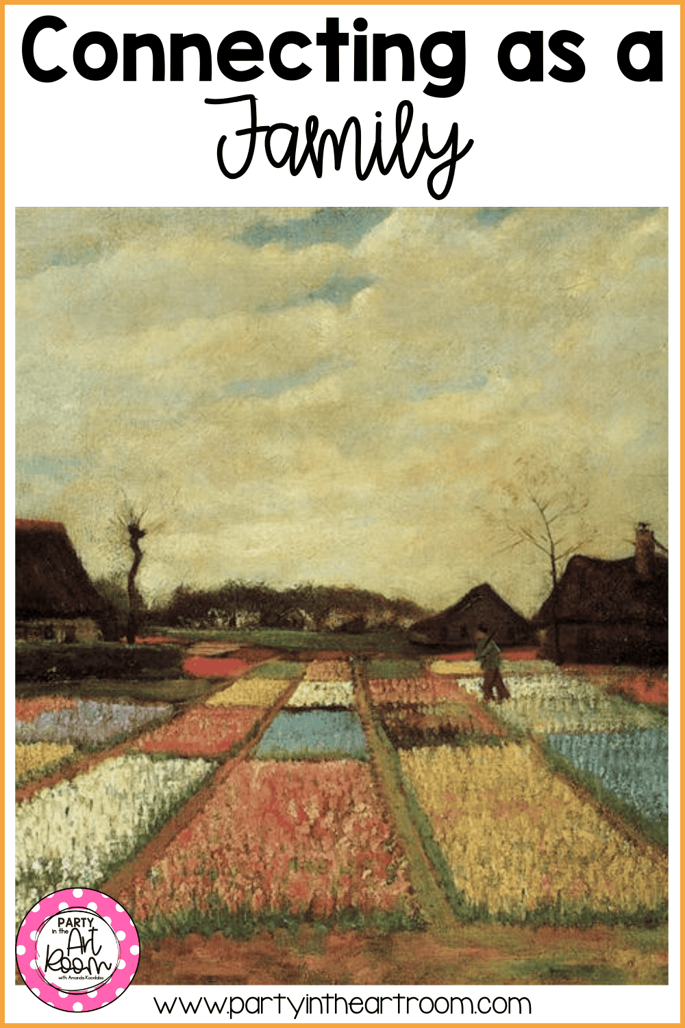 A field of blooming bulb flowers with a person standing among the garden paths, houses and bare trees in the distance, showing the kind of artwork families might pause to observe and talk about together.