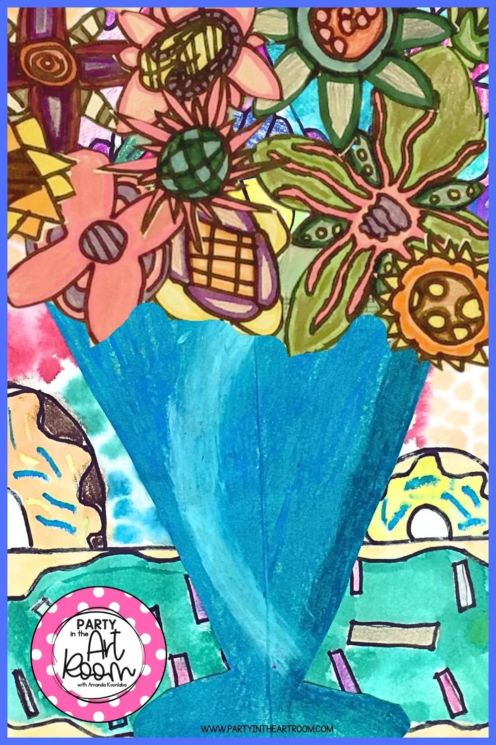 A painting of a blue vase containing an assortment of colorful spring flowers, showcasing soft and warm tones.