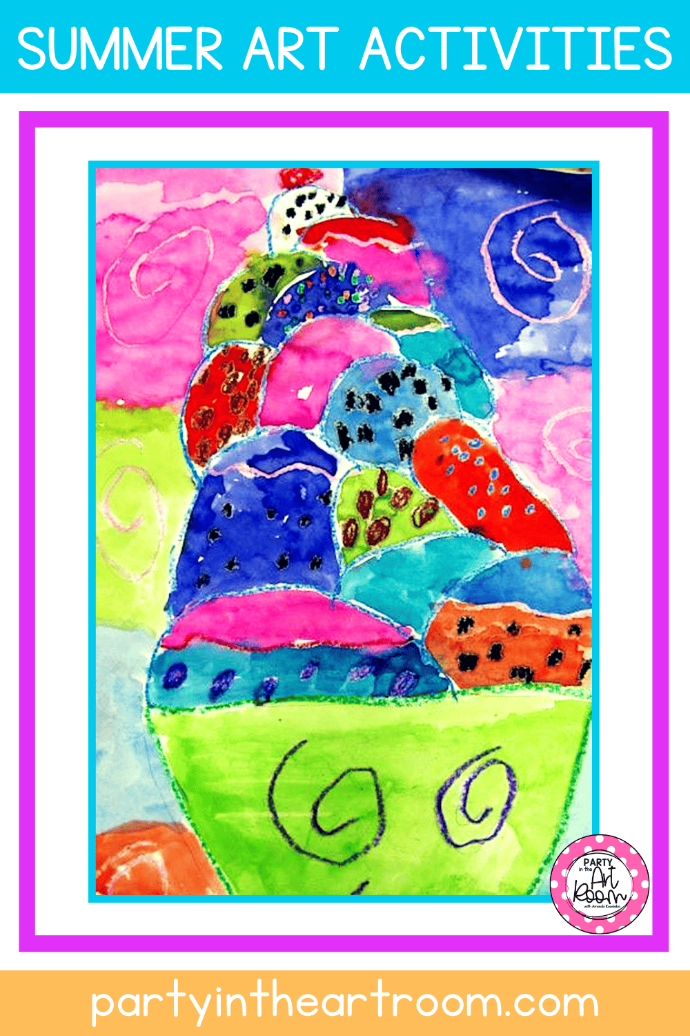 A completed Ice Cream Sundae summer camp art project, featuring a colorful drawing of stacked ice cream scoops topped with cherries and sprinkles, set against a vibrant painted background.