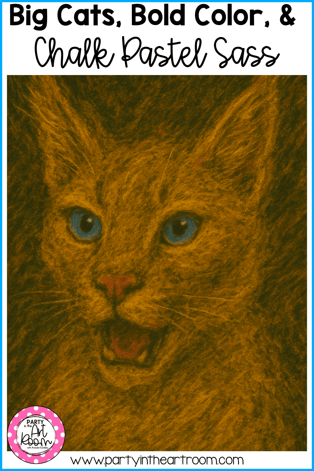 A chalk pastel drawing of a yellow cat with bright green eyes on black paper, showing bold color contrast, layered blending, and expressive facial features emphasized in the lesson.