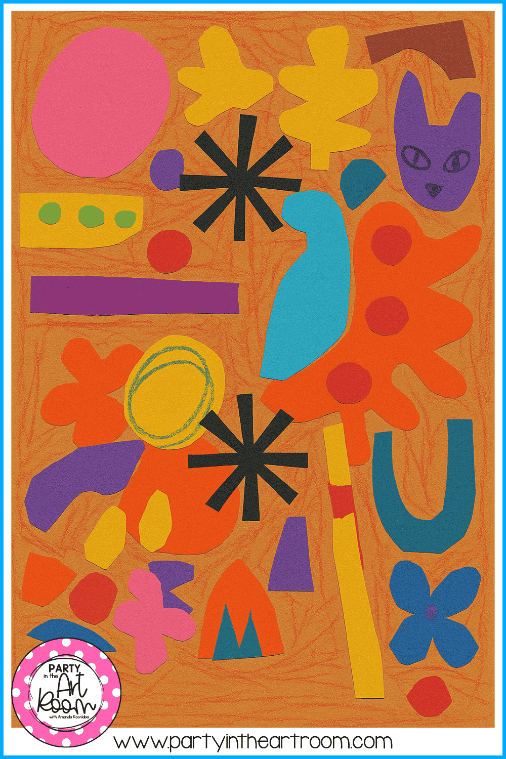 A warm-toned collage example showing the results of a slowed-down art process where students considered shape, space, balance, and peer feedback before final assembly.