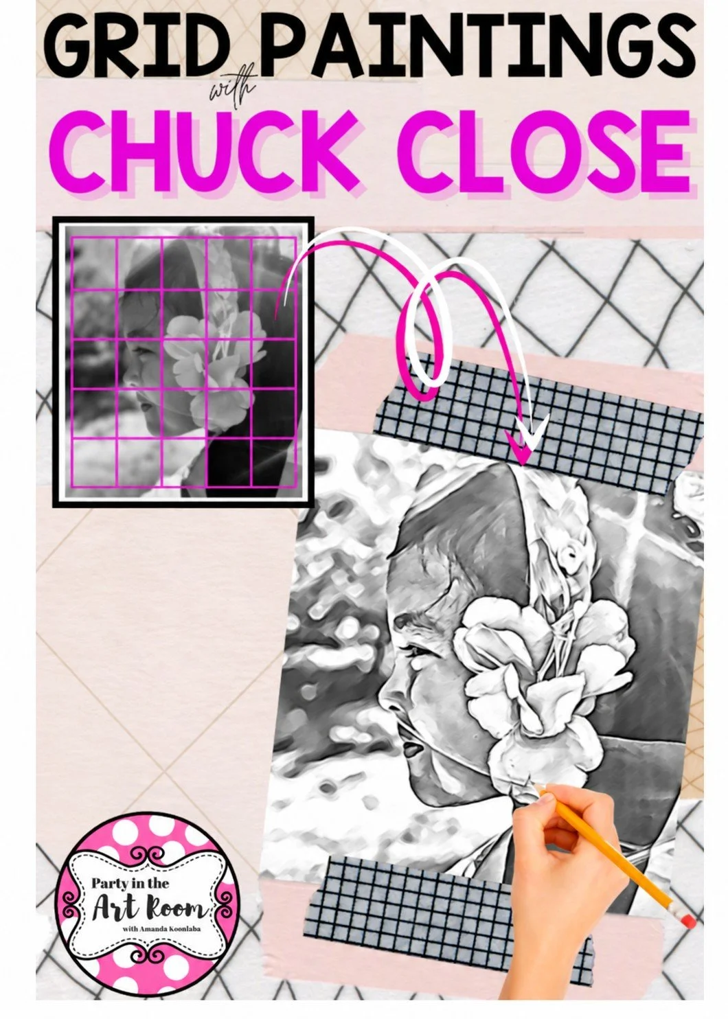Grid portraits activity inspired by Chuck Close, showing a grayscale girl portrait and a smaller gridded reference image.