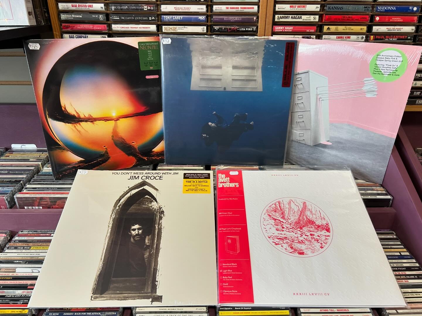 Some of today&rsquo;s new arrivals - new @billieeilish @cagetheelephant here till 7pm tonight! #billieeilish #cagetheelephant #modestmouse #kerryking #avettbrothers #charliexcx #genesis #jimcroce #indierecordstore #localmusicstore #shoplocal #supoort