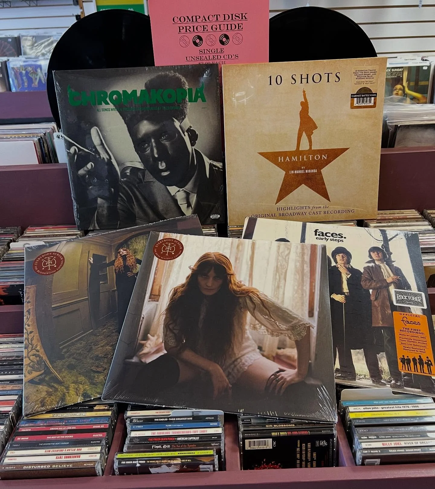 Todays new arrivals - some biggies today - as always these titles are limited - if ya want it come get it - especially the @rush box set - only have a few - same with the new @florenceandthemachine and @feliciathegoat & @radiohead here all day -