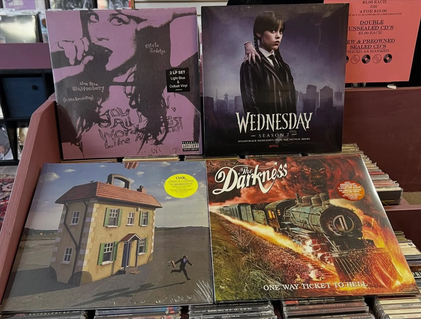 Santa just dropped a few more off - everyone is excited for @oliviarodrigo and @wednesdaynetflix soundtrack - these will not last long! Also some cool reissues from @thedarkness and @ofarevolution #indierecordstore #localmusicstore #localrecordstore 