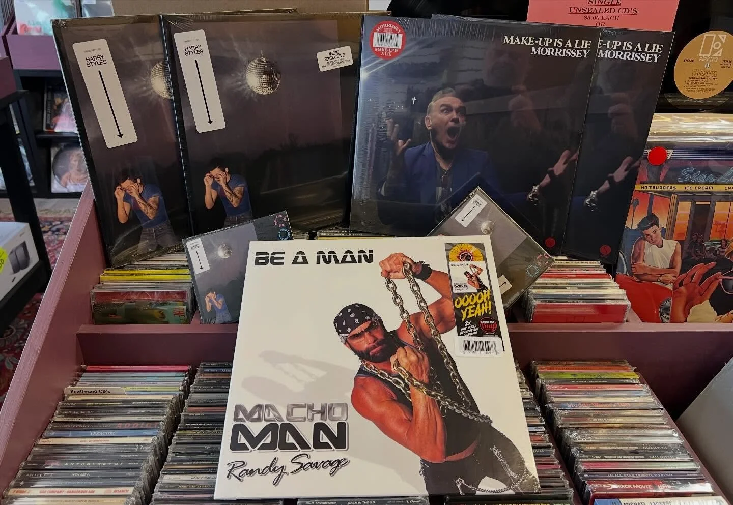 Today&rsquo;s new arrivals! Not too many but some heavy hitters out today - as always - supplies on many of these are limited - here till 7pm tonight! #harrystyles #aperfectcircle #morrissey #easterbeagle #machomanrandysavage