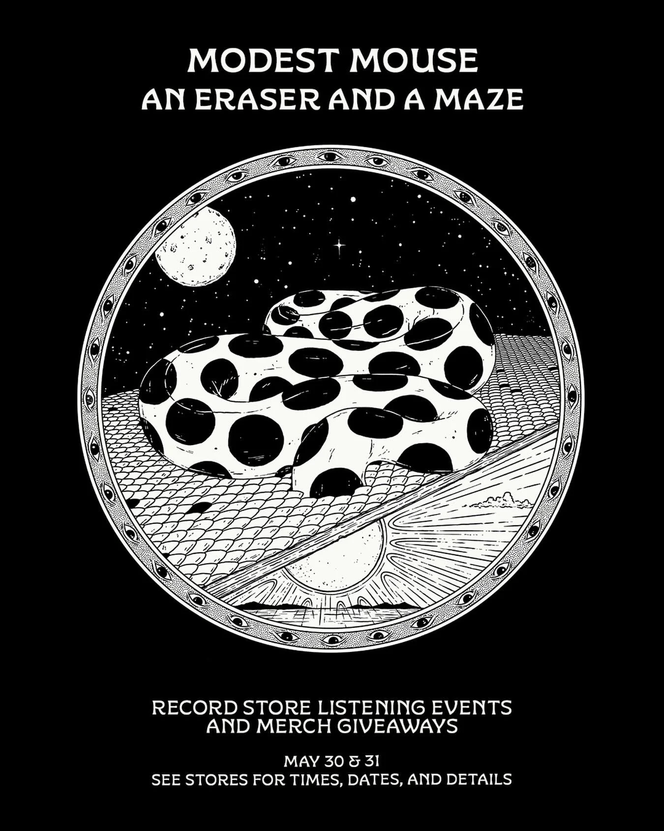Reminder - Today! Join us on Saturday, May 30th at 5pm - as we get an advance listen to the new @modestmouse release &ldquo;An Eraser and A Maze&rdquo;. The album drops on June 5th - but be the first to hear it before it drops. Free stickers and post