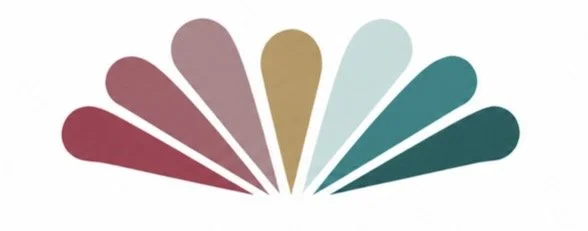 Abstract logo with seven teardrop shapes in shades of red, purple, yellow, light blue, and teal, arranged in a semi-circle pattern.