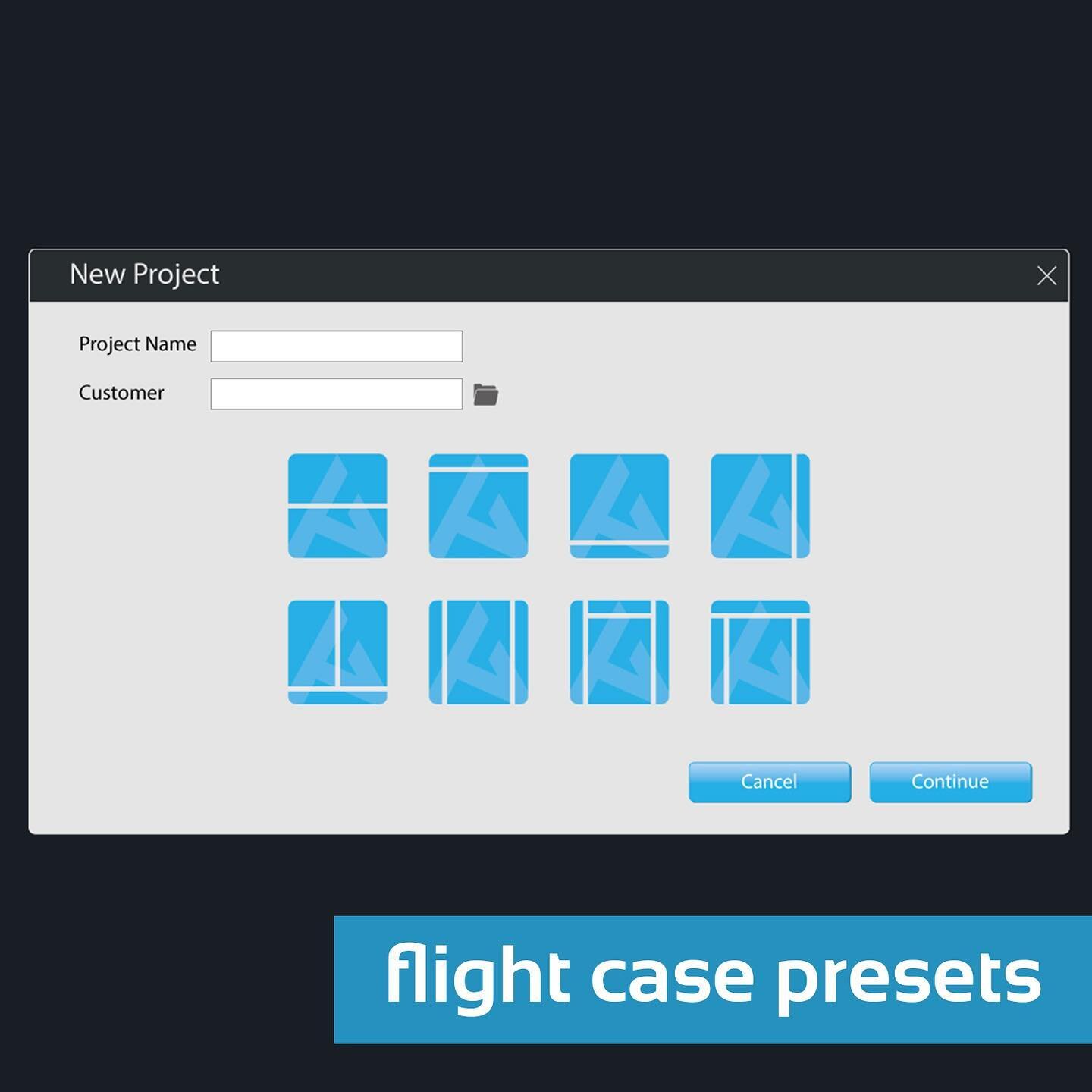 The basic version will feature the core the 8 model types required to produce most standard flight cases. Customer defaults allowfor the extremely fast design of standard cases, with standard hardware already in position and constrained even when ove
