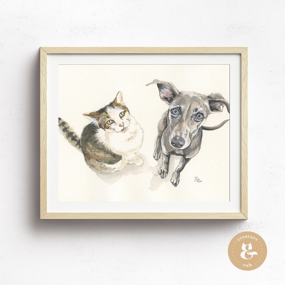 Magic and Evie: proof that cats and dogs can be best friends. Sometimes I combine multiple reference photos to create the finished artwork but with these two it wasn't necessary as they were both sitting perfectly in one shot!⁠
.⁠
.⁠
.⁠
.⁠
.⁠
#catsan
