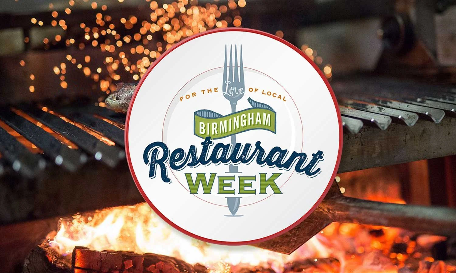 A logo for Birmingham Restaurant Week overlaid on a background of a barbecue grill with flames and cooking tools.