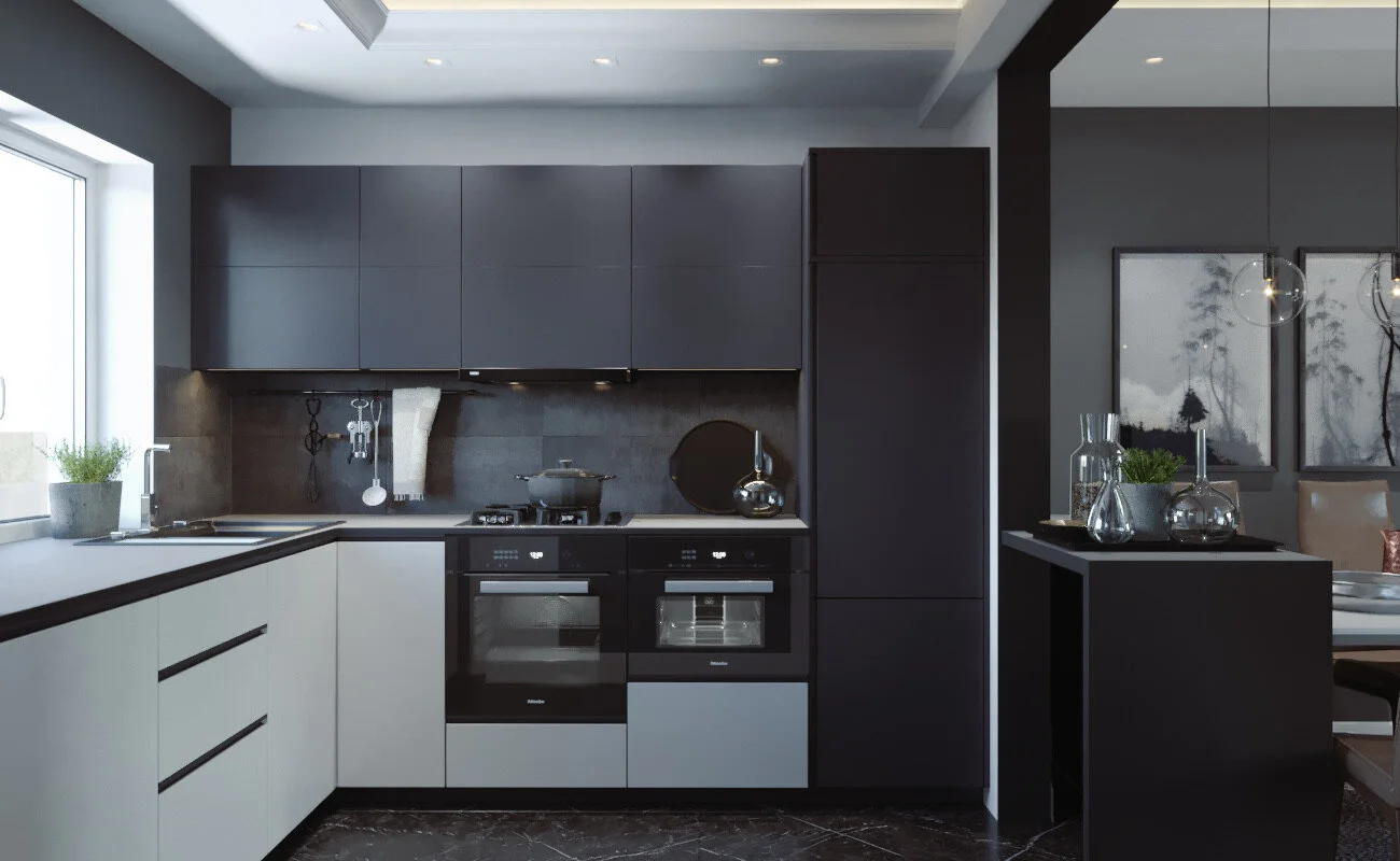 Modern kitchen with black and white cabinets, stainless steel appliances, a window, and minimal decor.