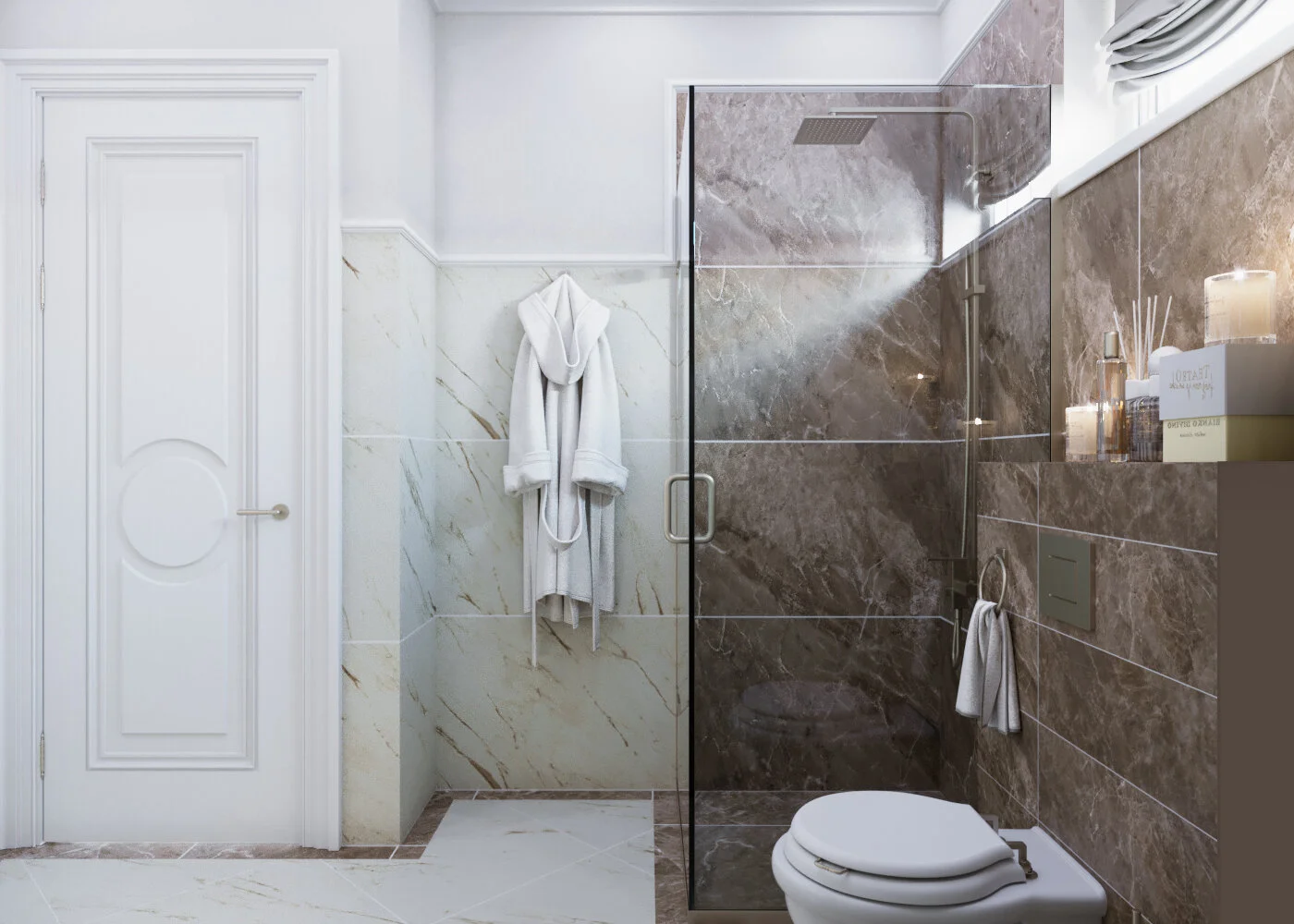 A modern bathroom with a white door, white towel on wall hook, glass shower enclosure with brown marble tiles, a white toilet with closed lid, and a shelf with candles and toiletries.