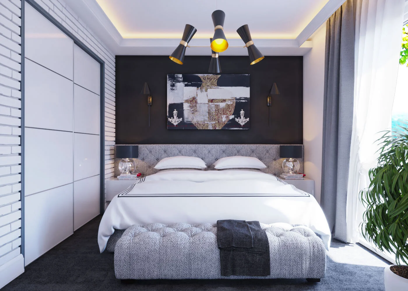 Modern bedroom with a large bed, black and white decor, gray tufted bench at foot, black and gray lamps, artwork above bed, white and gray curtains, and a potted plant to the side.