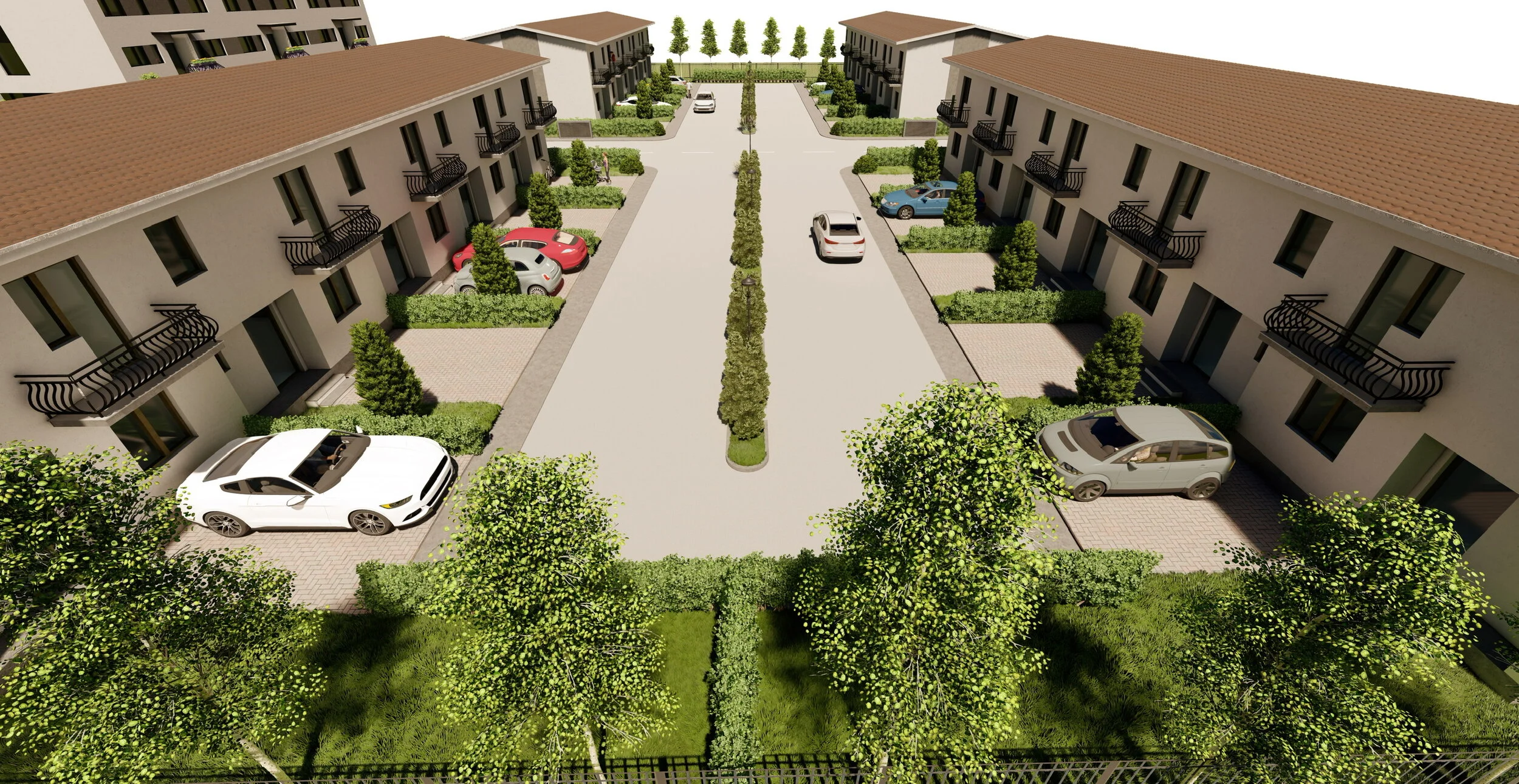 A digital rendering of a residential apartment complex with two rows of buildings facing each other, a central driveway lined with small trees, and parked cars on both sides. There are landscaped shrubs and trees around the buildings and driveways.