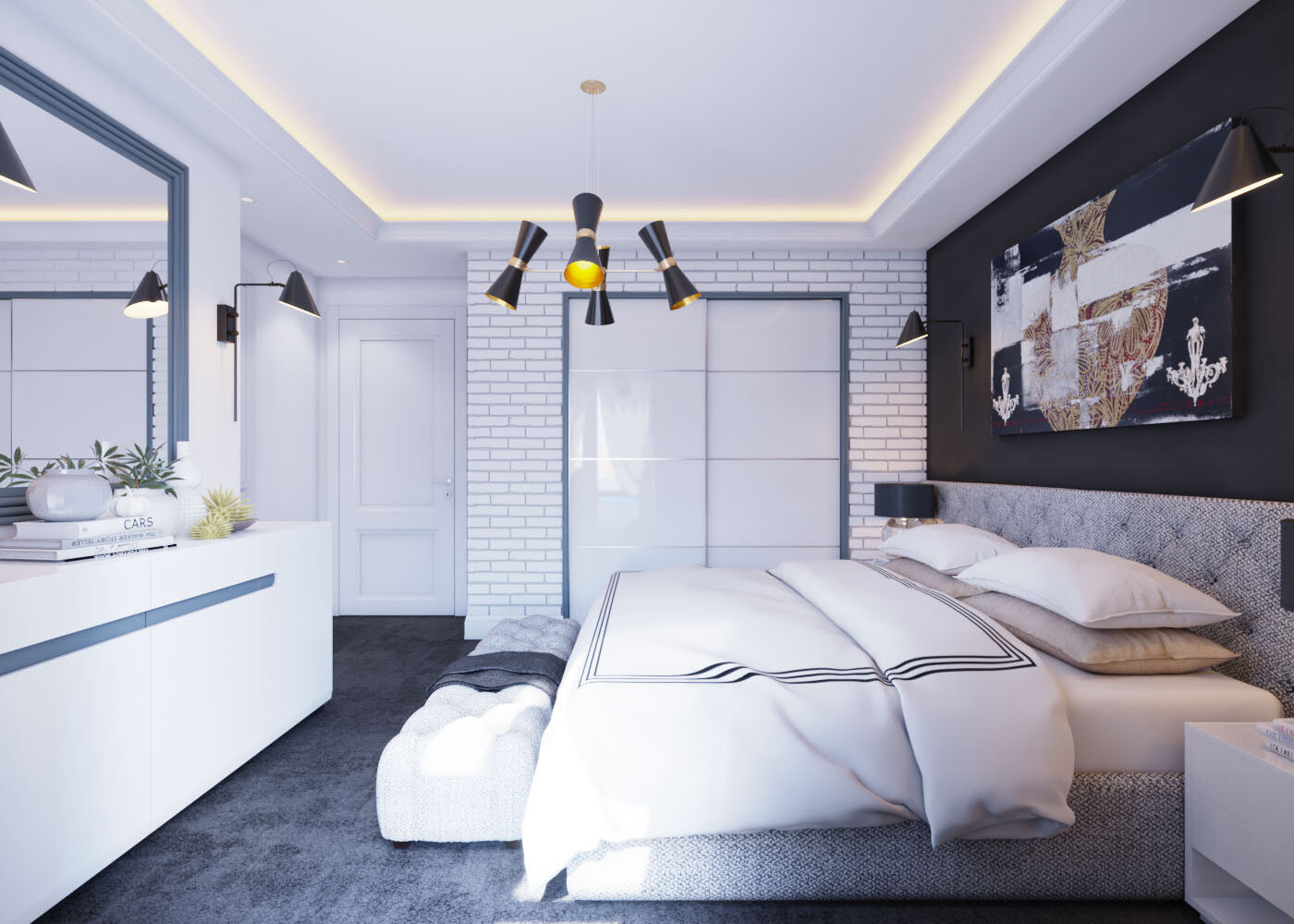 Modern bedroom with white brick accent wall, large white closet doors, black and gold ceiling light fixture, and a bed with white and beige bedding, black bedside lamps, and black wall sconces. Decorative painting above the bed, black walls, and a gr