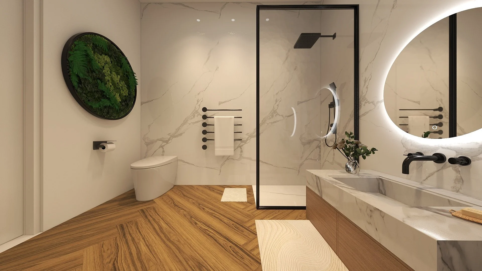 Modern bathroom with marble walls, wooden floor, a glass shower enclosure, a wall-mounted toilet, a large round illuminated mirror, a vase with plant on marble vanity, and a green wall art piece.