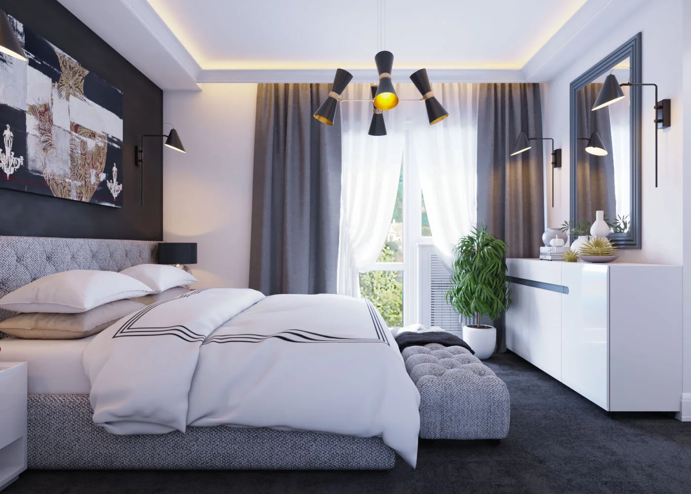 Modern bedroom with gray upholstered bed, black and gold wall-mounted lamps, abstract artwork, white dresser with decorative vases, large mirror, potted plant, gray curtains, and black carpet.