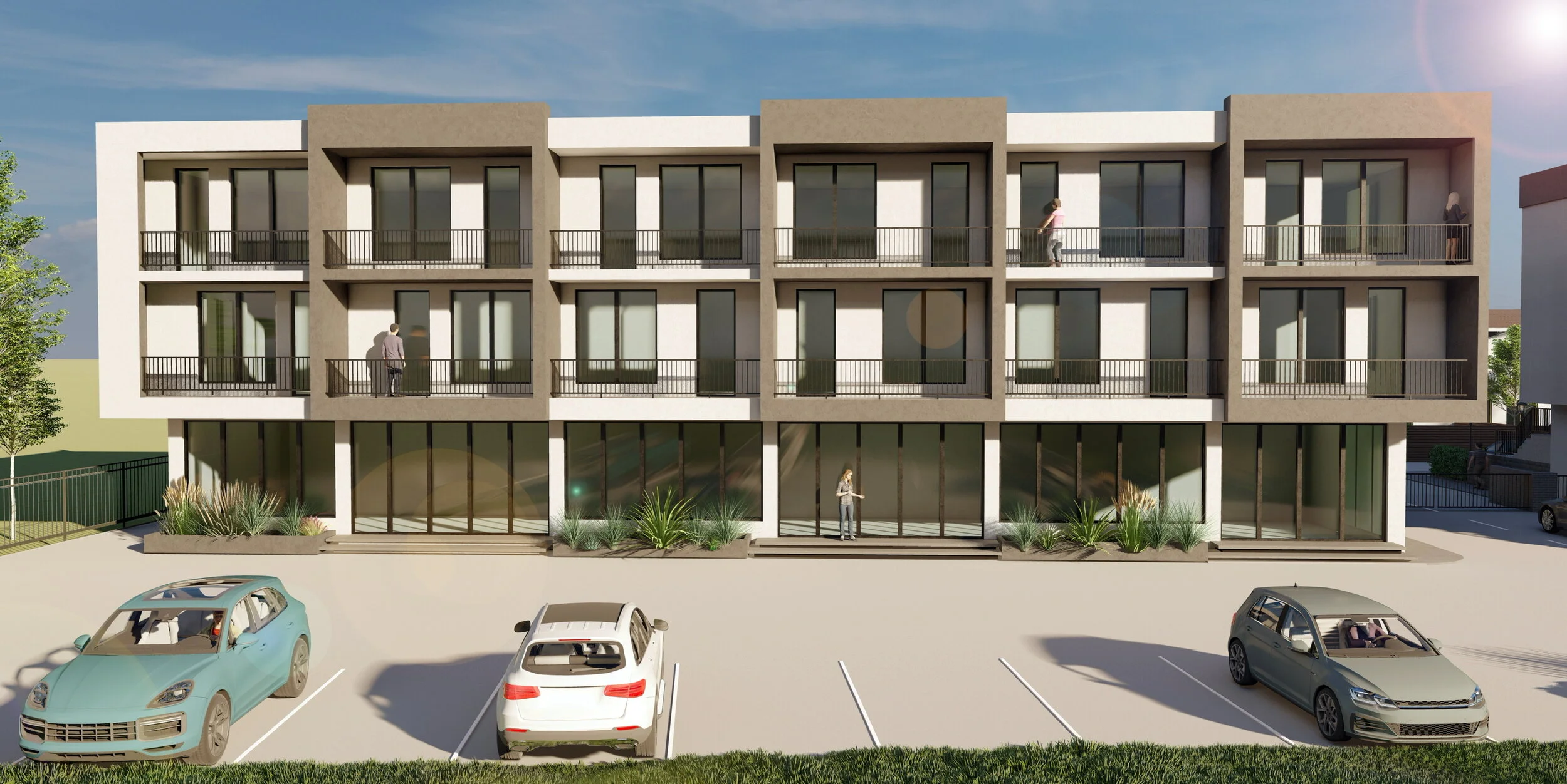 Rendering of a modern, three-story apartment building with large glass windows and balconies, surrounded by a parking lot with several cars, and landscaped plants near the entrances.