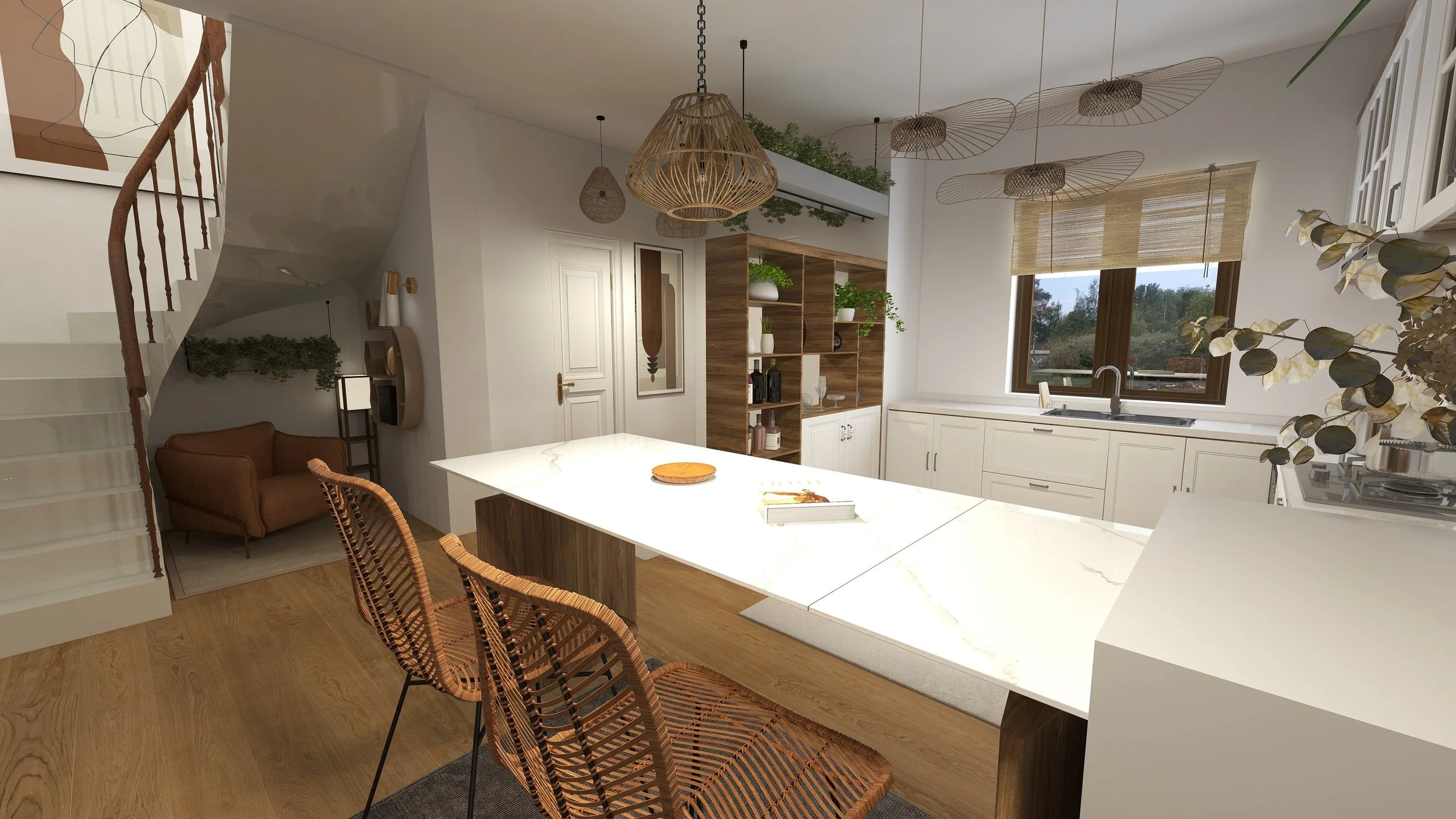 Open kitchen with white cabinets, marble island, wooden chairs, window with bamboo shades, and decorative hanging lights.