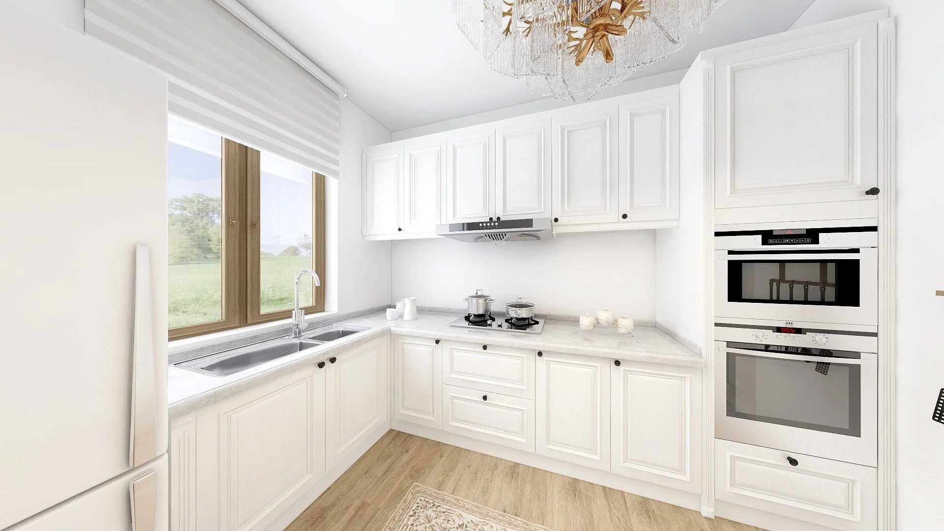 Bright kitchen with white cabinets, marble countertops, a double sink, and a window showing a green outdoor landscape. There is a built-in oven and microwave, a stovetop with pots, and a decorative ceiling light.