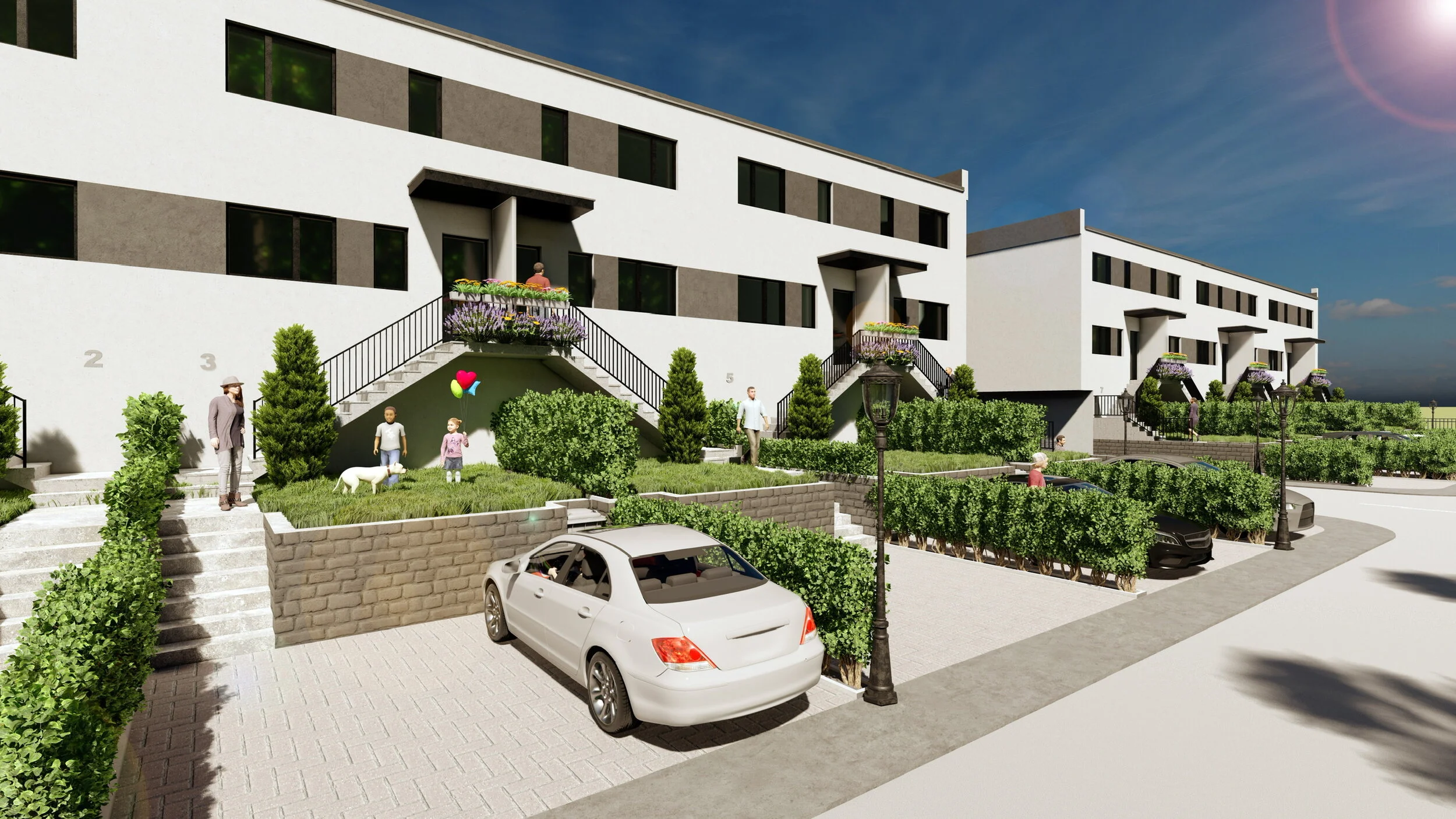 Rendering of a modern residential complex with three white buildings, landscaped garden, parking lot, and people walking on stairs and paths.