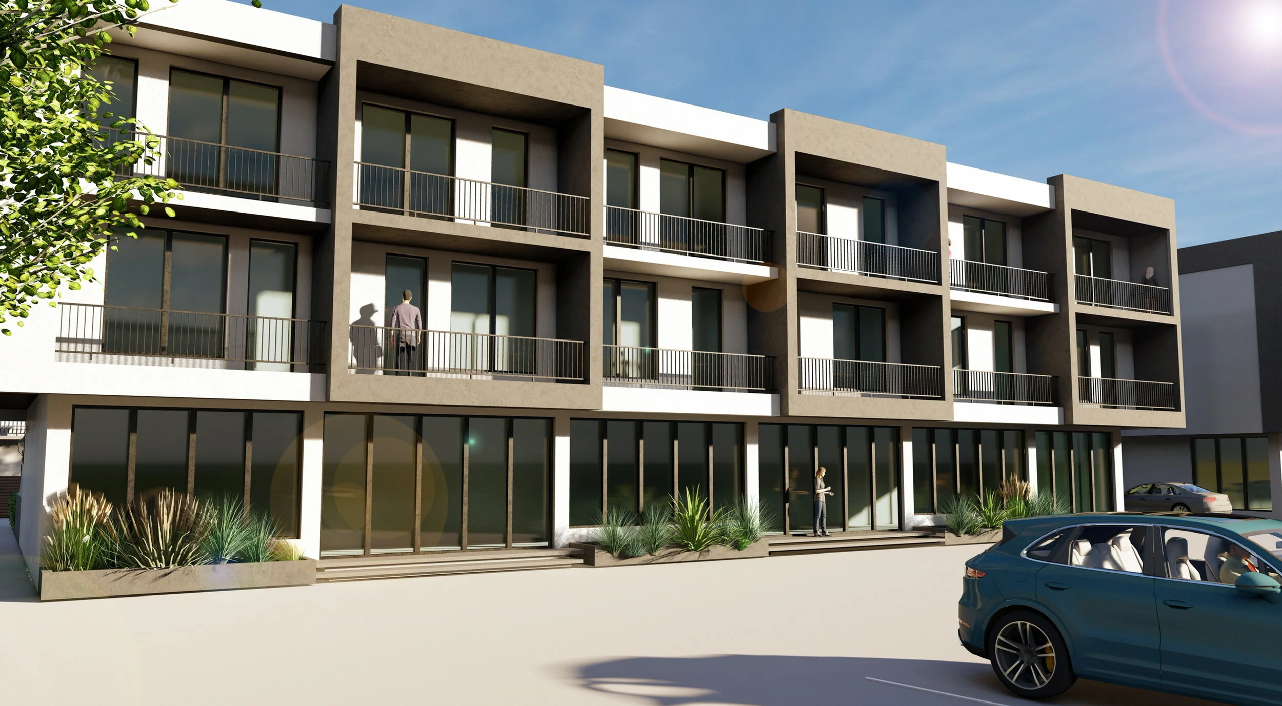 Render of a modern, multi-story apartment building with large glass windows and balconies, with a car parked in front, and some people standing on the balconies and sidewalk, under a clear blue sky.
