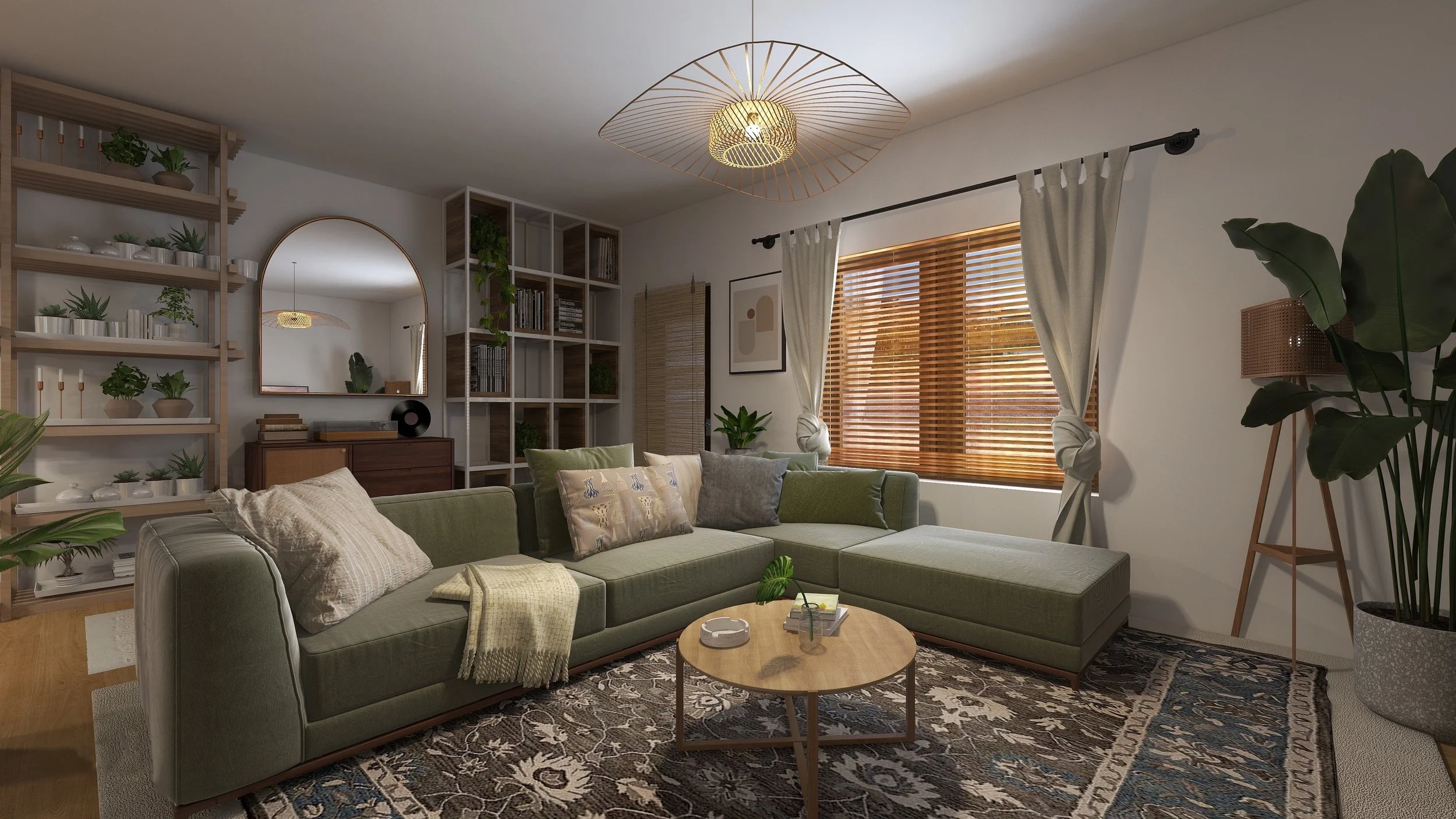 Living room with green sectional sofa, patterned rug, wooden coffee table, and large window with wooden blinds and cream curtains. Shelves with books and plants, mirror on wall, and a modern ceiling light.