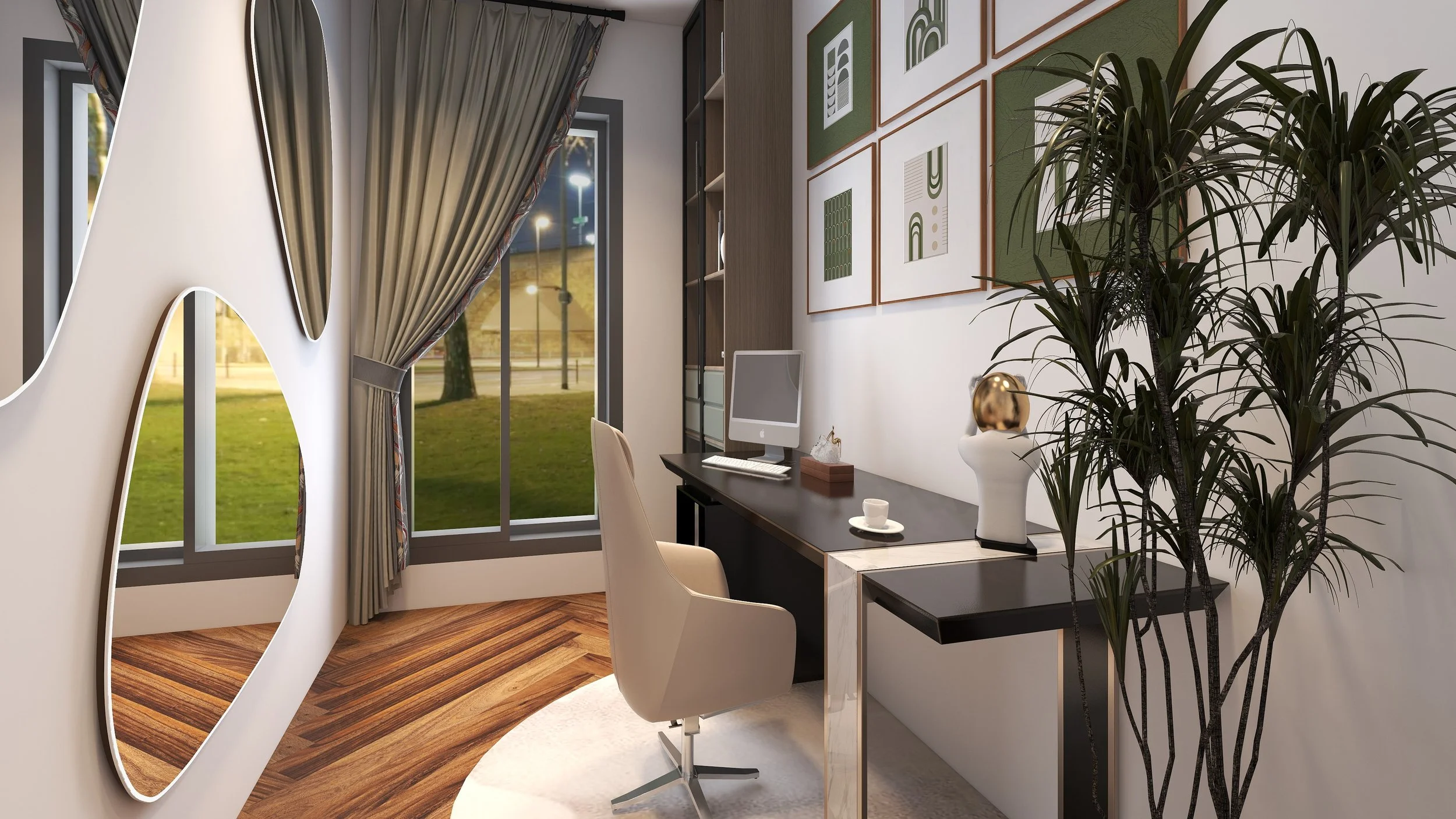 Modern home office with large window, view of trees outside, computer on desk, framed art on white wall, potted plant near desk, beige chair, patterned curtains, and wooden floor.