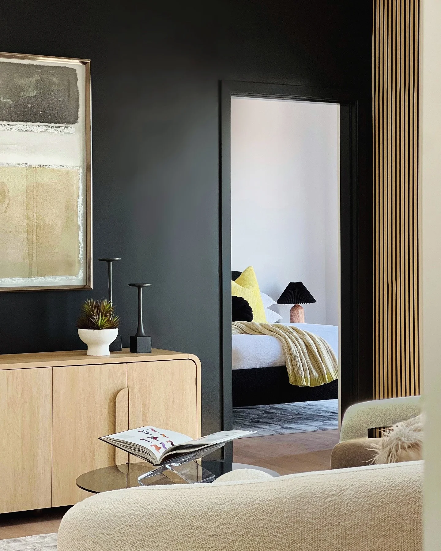 A dramatic black accent wall is a power statement&mdash; it allows us to anchor the room with bold sophistication. Rules shattered, space claimed, vibes unmatched. 🖤

And that was the goal while staging this penthouse last week; create a space that&