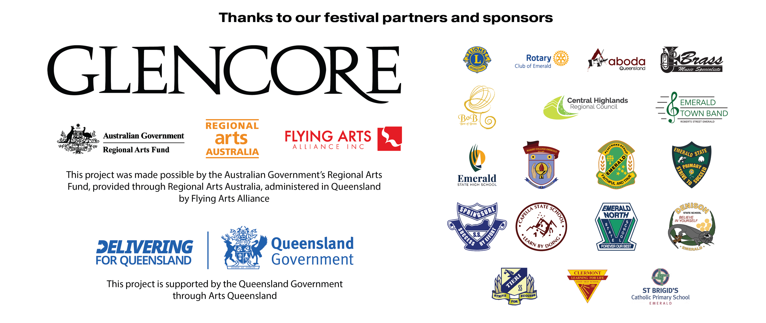 A graphic displaying logos of various sponsors and supporters of the Glencore festival, including government and community organizations, with a message of thanks and project funding details.