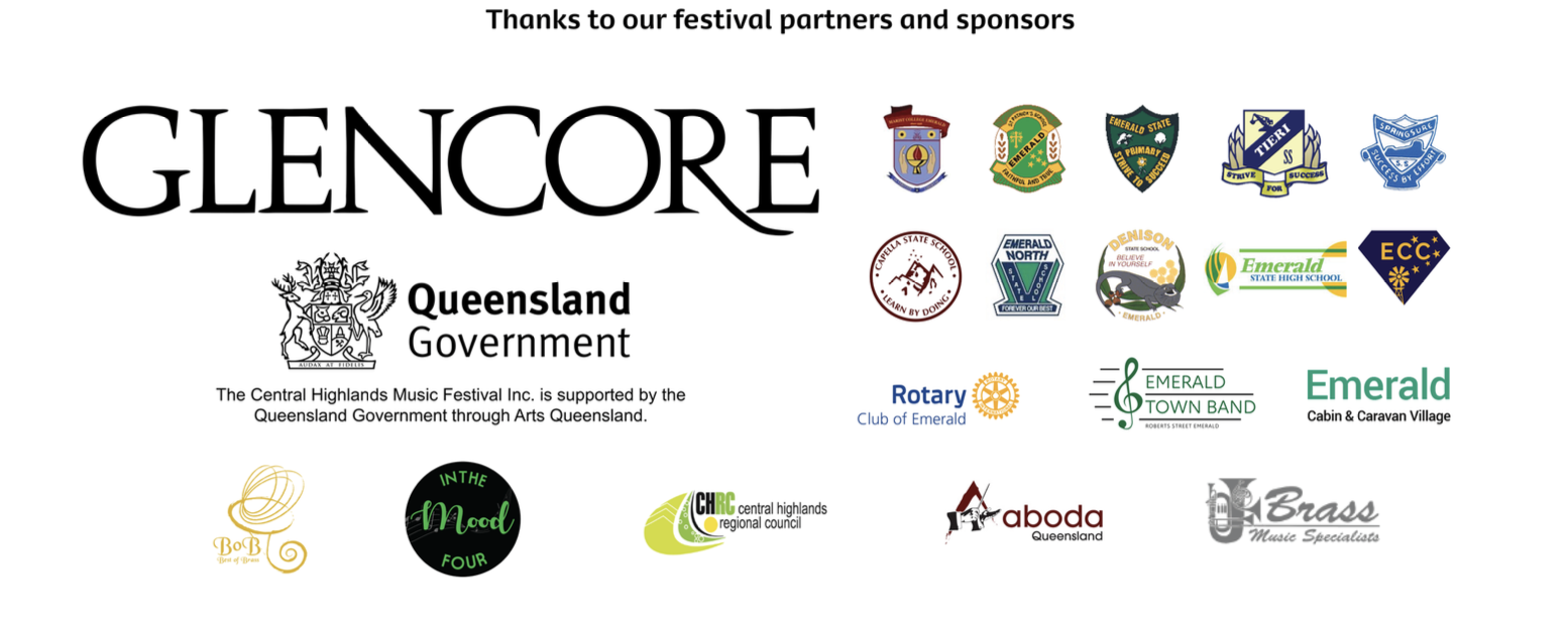 A poster displaying logos of various sponsors for the Central Highlands Music Festival in Queensland, supported by the Queensland Government. Logos include educational institutions, local organizations, and community groups.