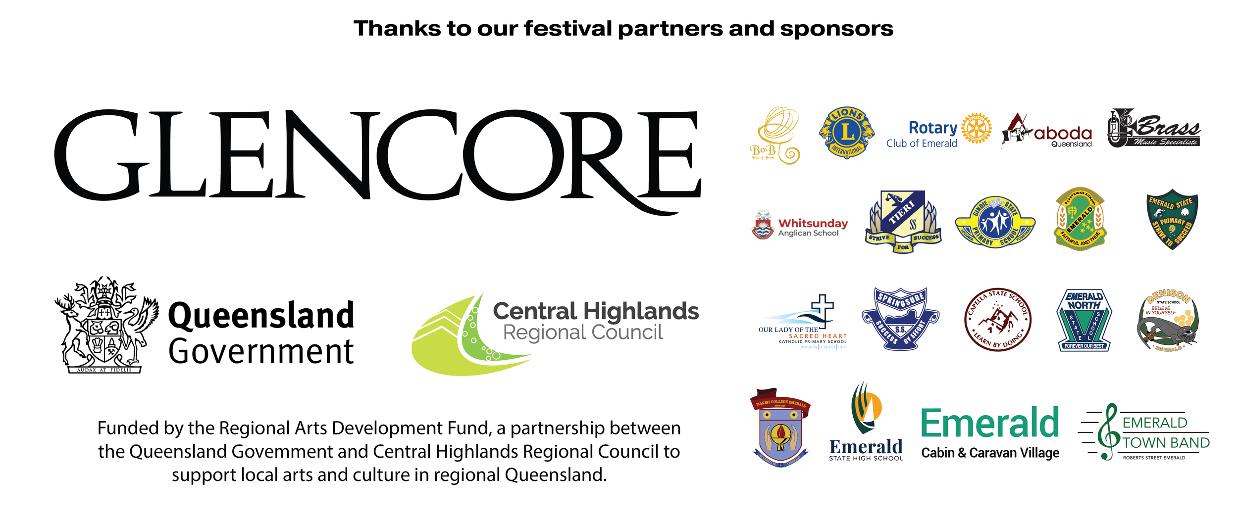 A thank you message to festival partners and sponsors, featuring the Glencore logo and various other logos of local schools, community organizations, and government entities, including Queensland Government and Central Highlands Regional Council, supporting arts and culture in Queensland.