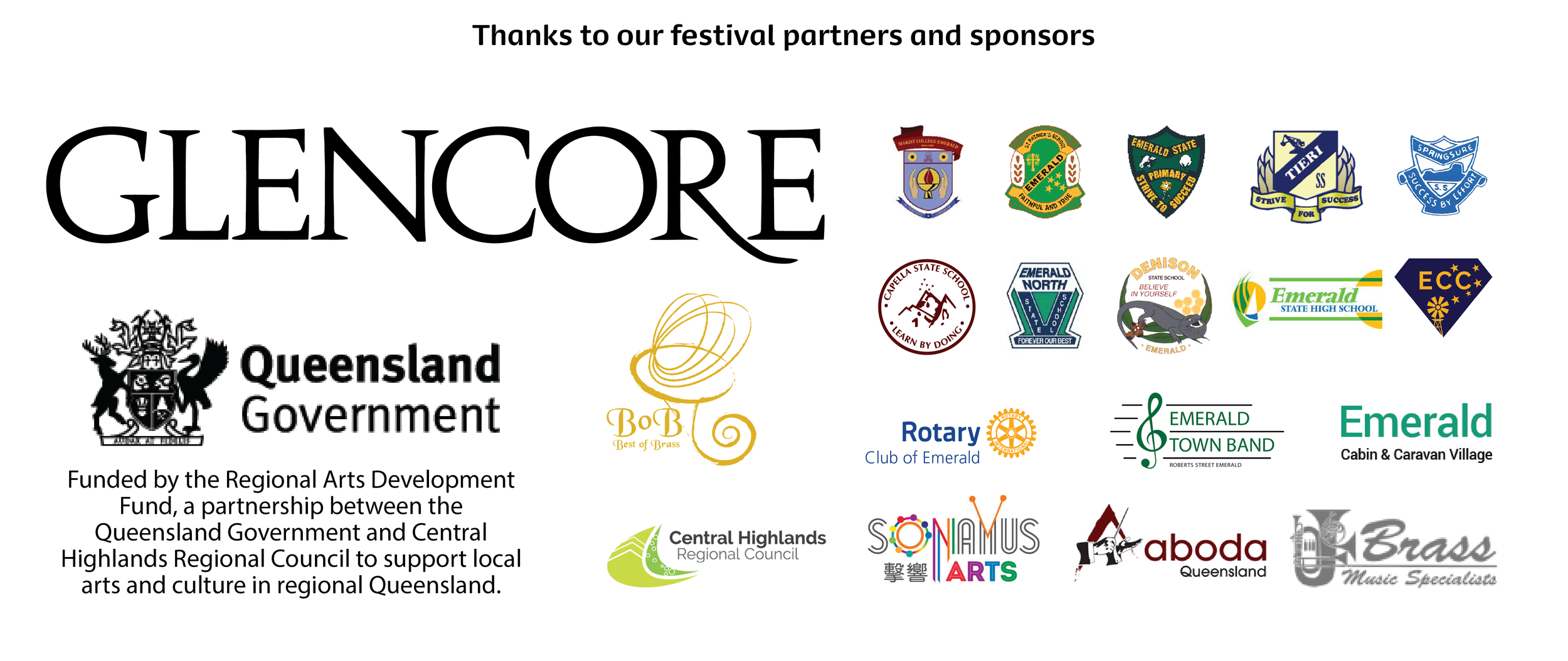 A poster thanking festival partners and sponsors, featuring logos of various organizations including Queensland Government, Rotary Club of Emerald, Emerald State High School, and other local arts and community groups, with a message about supporting arts and culture in regional Queensland.