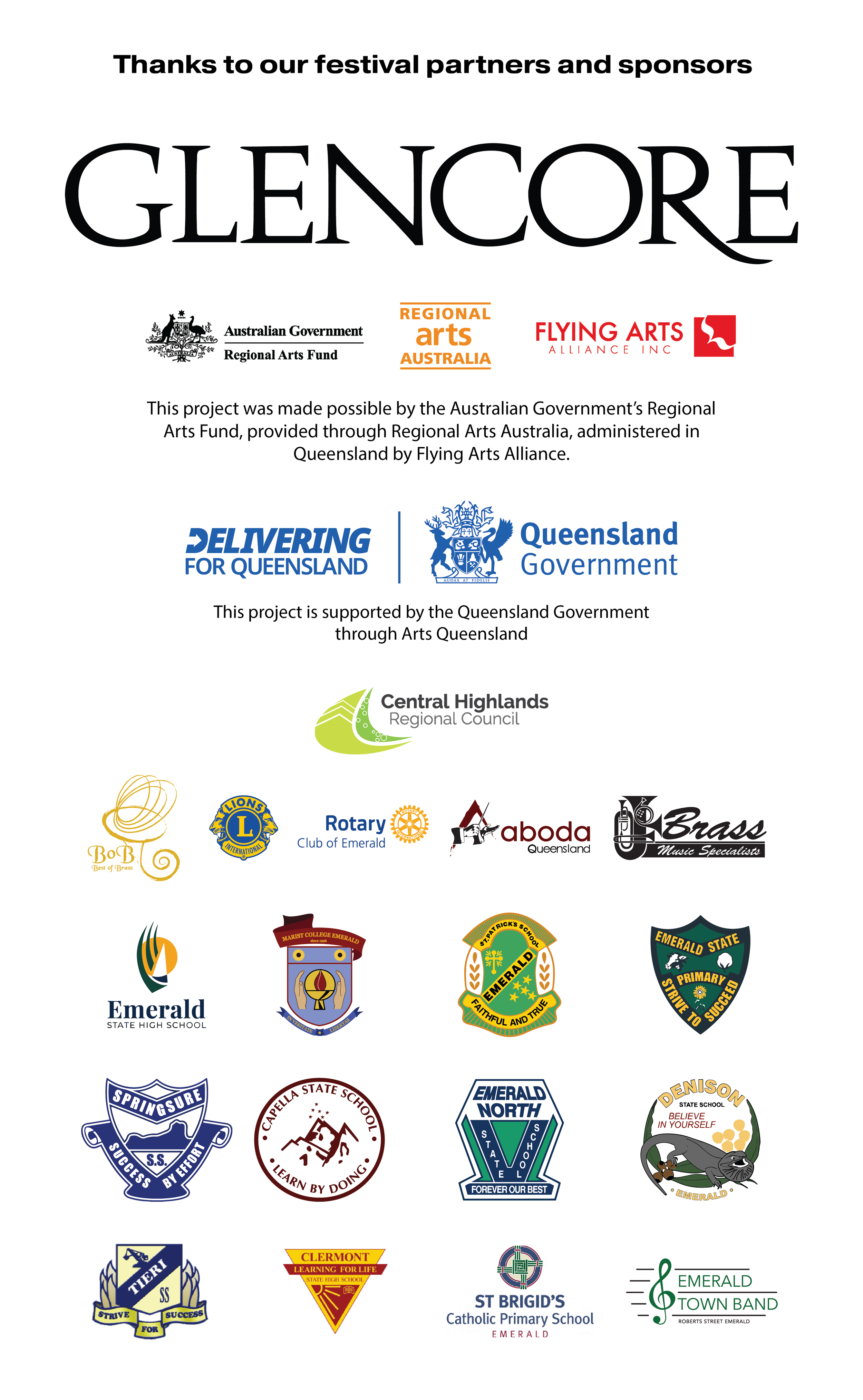 A poster thanking festival partners and sponsors, showing various logos from organizations, agencies, and schools supporting a project in Queensland, Australia.