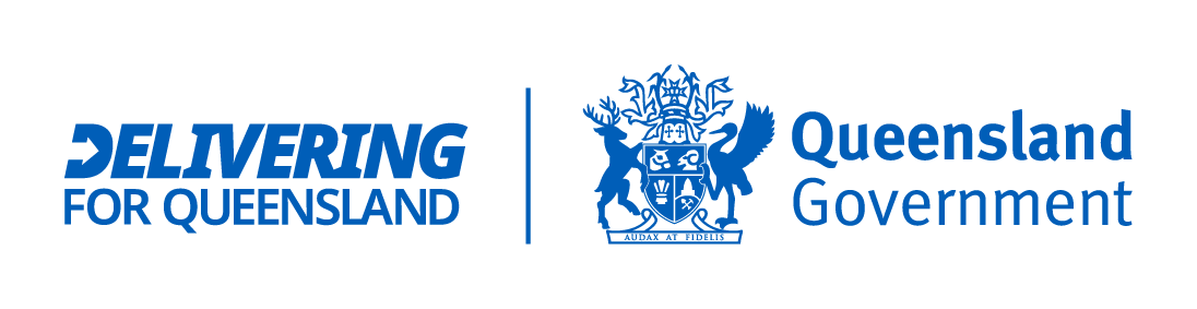 Logo of Queensland Government with the text 'Delivering for Queensland' and a blue coat of arms.