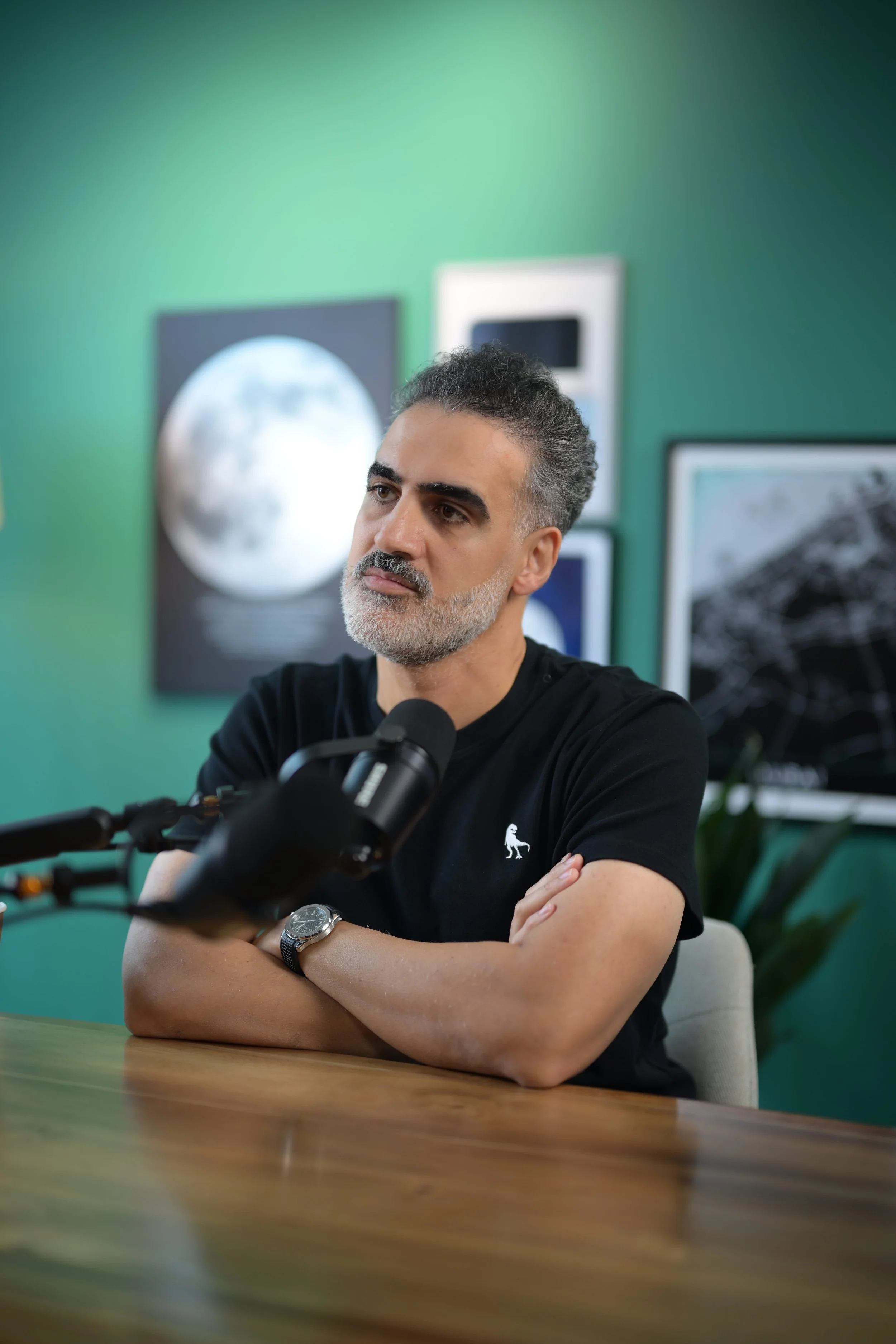 Man with gray hair and beard sitting at a desk with his arms crossed, wearing a black t-shirt with a small white dog logo and a silver wristwatch, speaking into a microphone with a green wall and framed pictures behind him.
