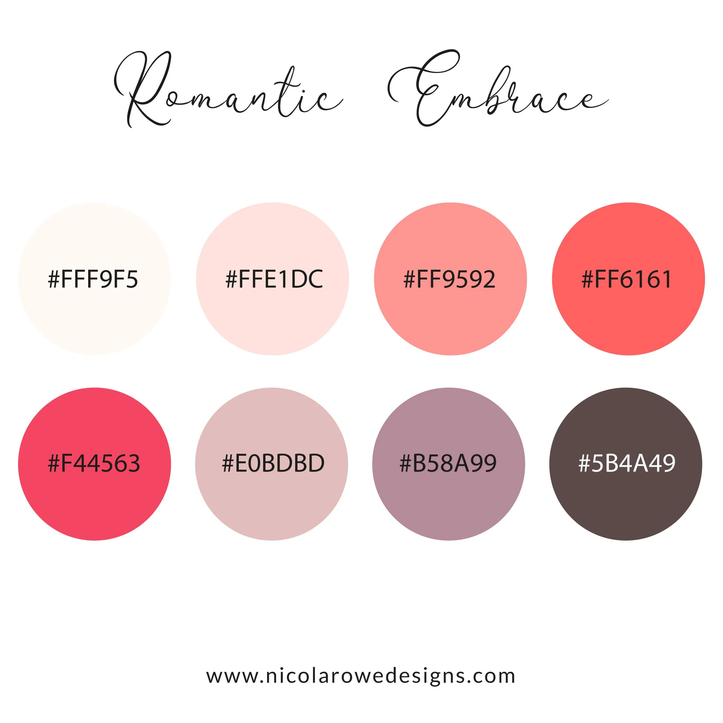 A color palette titled 'Romantic Embrace' with eight circular swatches of defined colors, each labeled with its HEX code.