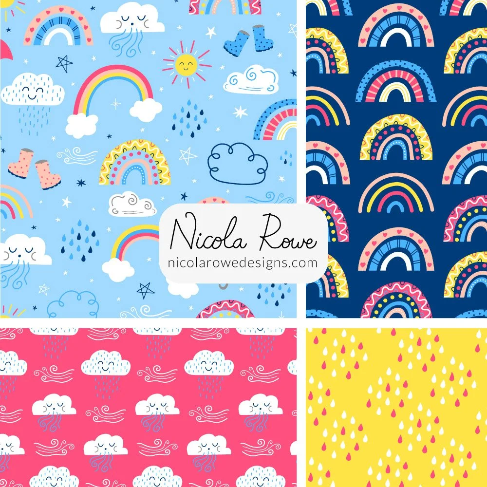 spring vibrant weather pattern design collection with rainbows, sun, wellies, clouds, raindrops.