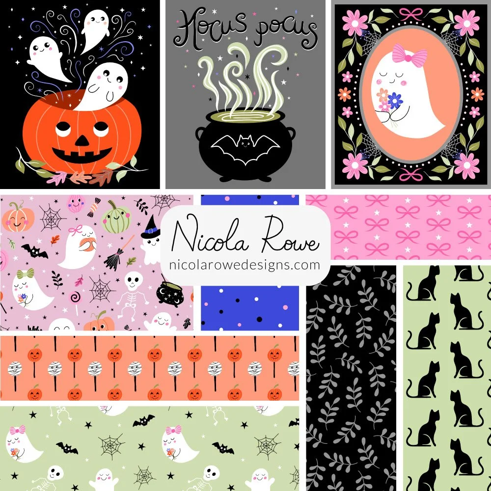 whimsical fun halloween collection with pumpkin and cute ghosts, black cauldron with lettering and ghost carrying flowers in a decorated frame illustration together with cute halloween surface pattern designs of ghosts, pumpkins, bats  coquette bows.