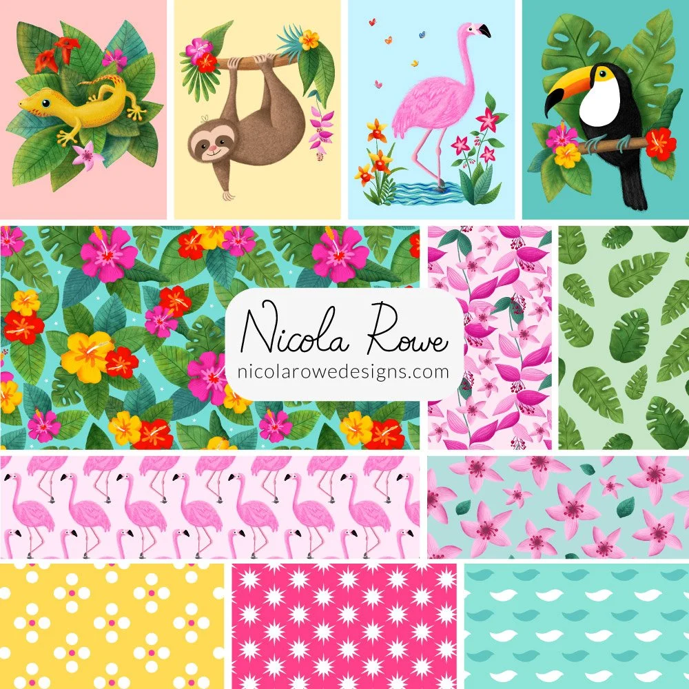 Jungle days gecko toucan sloth flamingo illustrations with jungle tropical surface pattern designs.