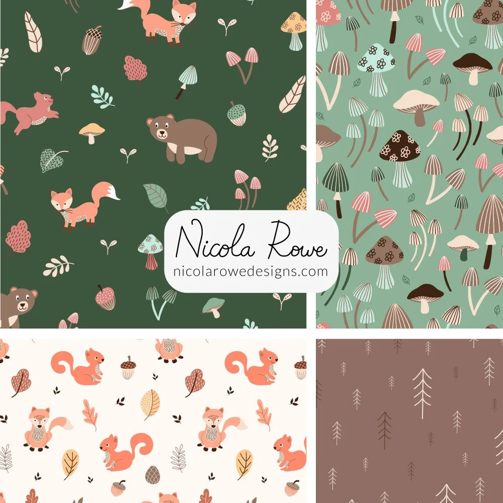 woodland animals pattern design collection with bears, squirrels, foxes, mushrooms, acorns and leaves with earthy greens, oranges and browns.