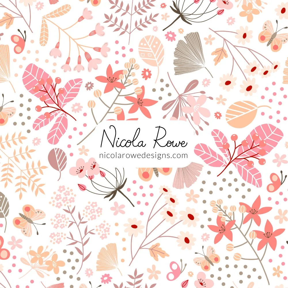 spring florals pattern design with berries, leaves, ginkgo leaves and butterflies in a warm peach, cream and coral colours.