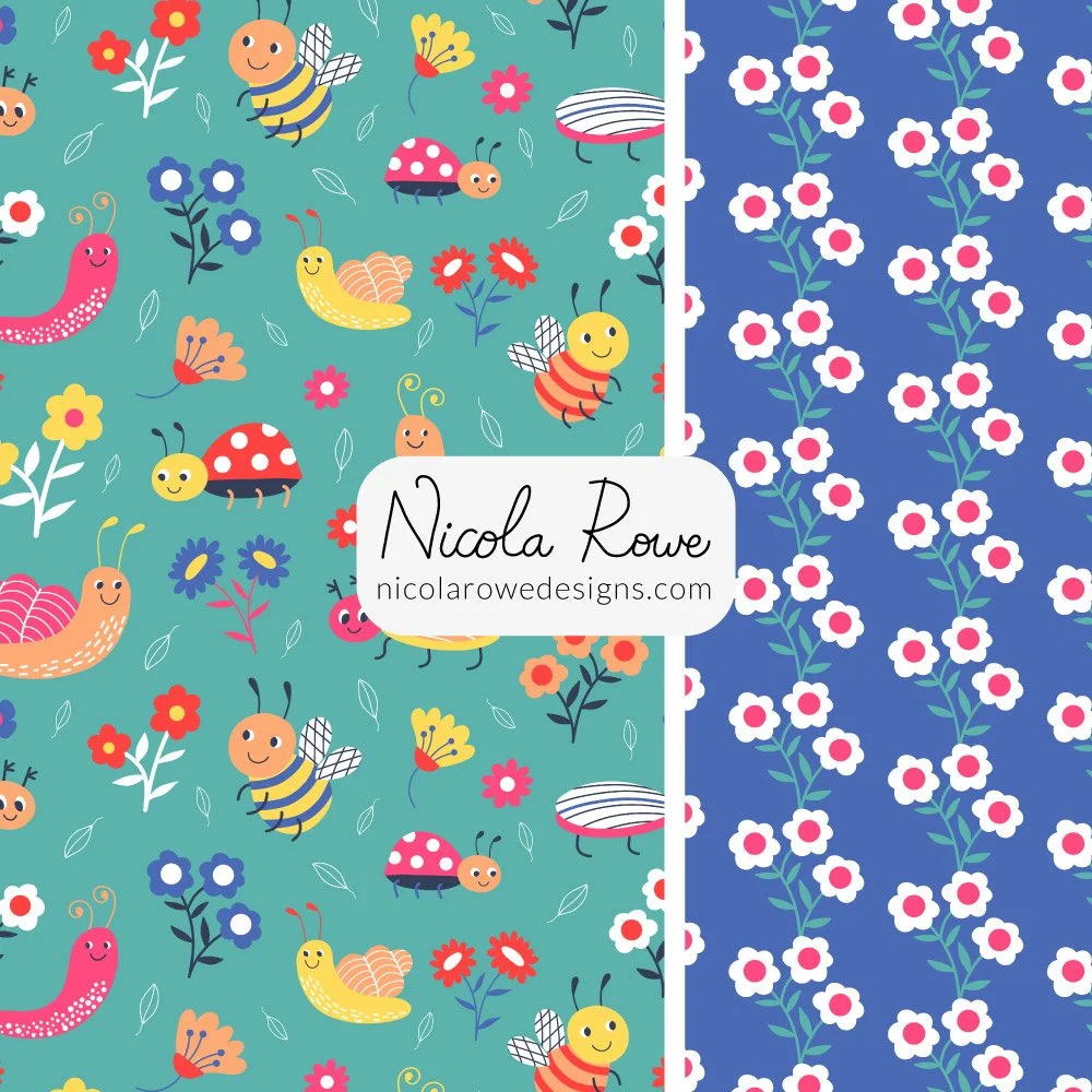 Vibrant summer bug insects pattern design collection with snails, ladybirds, bees, beetles and bright coloured florals and leaves.