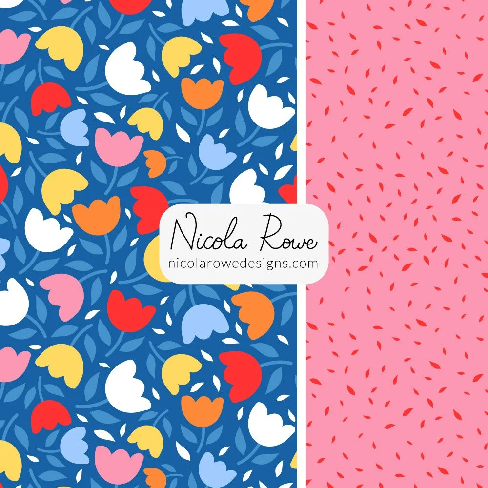 Vibrant tulip floral pattern design collection with a pink and red simple leaf blender.